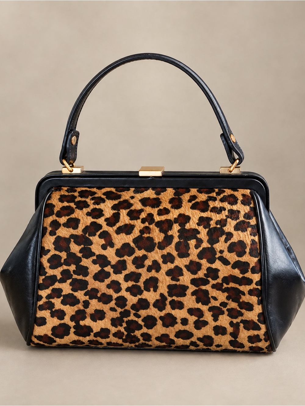 Vintage Ann Taylor Leopard Pony Hair Calf Hair Satchel Handbag Black Leather